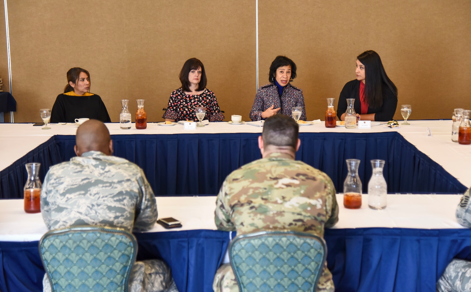 Sharene Brown, spouse of U.S. Air Force Gen. CQ Brown, Jr., Pacific Air Forces commander, talks with First Sergeants during her visit to Misawa Air Base, Japan, Nov. 15, 2019. The purpose of the discussions were to facilitate dialogue on issues and challenges affecting Misawa  and to identify areas for which Brown can advocate at upper echelons. (U.S. Air Force photo by Staff Sgt. Melanie A. Bulow-Gonterman)