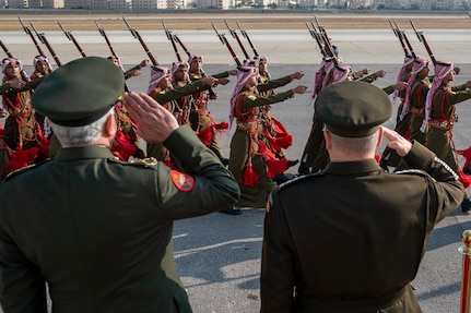 Army Gen. Mark A. Milley, chairman of the Joint Chiefs of Staff, is hosted by Jordanian Air Force Lt. Gen. Yousef al-Hunaiti, chairman of the Joint Chiefs of Staff of the Jordanian Armed Forces, for an Honors Arrival Ceremony in Amman, Jordan, Nov. 24, 2019.