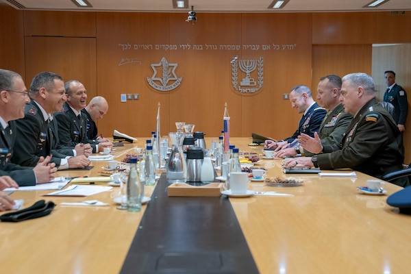 Army Gen. Mark A. Milley, chairman of the Joint Chiefs of Staff, is hosted by Israeli Army Lt. Gen. Aviv Kohavi, chief of the Israeli General Staff, at The Kirya in Tel Aviv, Israel, Nov. 24, 2019.