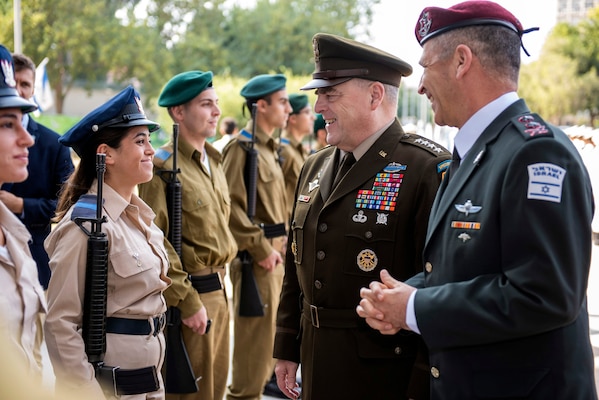 Army Gen. Mark A. Milley, chairman of the Joint Chiefs of Staff, is hosted by Israeli Army Lt. Gen. Aviv Kohavi, chief of the Israeli General Staff, at The Kirya in Tel Aviv, Israel, Nov. 24, 2019.