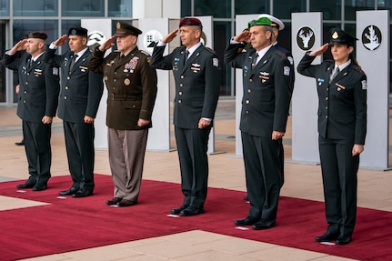 Army Gen. Mark A. Milley, chairman of the Joint Chiefs of Staff, is hosted by Israeli Army Lt. Gen. Aviv Kohavi, chief of the Israeli General Staff, at The Kirya in Tel Aviv, Israel, Nov. 24, 2019.