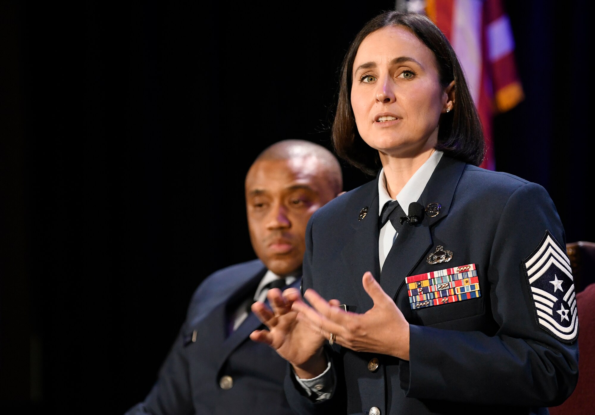 U.S. Air Force Chief Master Sgt. Summer Leifer, Sixteenth Air Force command chief, speaks to Alamo Armed Forces Communication and Engineering Association Chapter Event attendees in San Antonio, Texas, Nov. 20, 2019. Leifer sat on a Senior Enlisted Leader panel during the annual cyber- and technology-focused conference to discuss cyber enlisted matters. (U.S. Air Force photo by Tech. Sgt. R.J. Biermann)