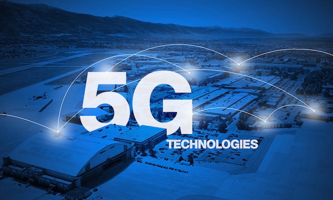 A graphic depicting the words 5G technologies over the top of an blue, shaded aerial photo of Hill Air Force Base, Utah. (U.S. Air Force graphic by David Perry)