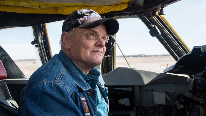 Retired Staff Sgt. Mark James, former B-52H Stratofortress crew chief, reunites with his former aircraft at Barksdale Air Force Base, La., Nov 13, 2019. James was the dedicated crew chief on aircraft 0062, which is now assigned to the 2nd Aircraft Maintenance Squadron at Barksdale. (U.S. Air Force photo by Airman 1st Class Jacob B. Wrightsman)