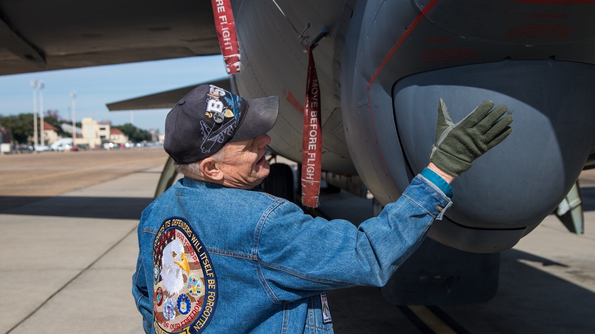 Retired Staff Sgt. Mark James, former B-52H Stratofortress crew chief, reunites with his former aircraft at Barksdale Air Force Base, La., Nov 13, 2019. James began his career at Barksdale  in 1973 and retired from the Air Force in 1991. (U.S. Air Force photo by Airman 1st Class Jacob B. Wrightsman)