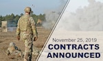 Soldier standing outside watches explosion in background. Text reads: November 25, 2019 Contracts Announced.