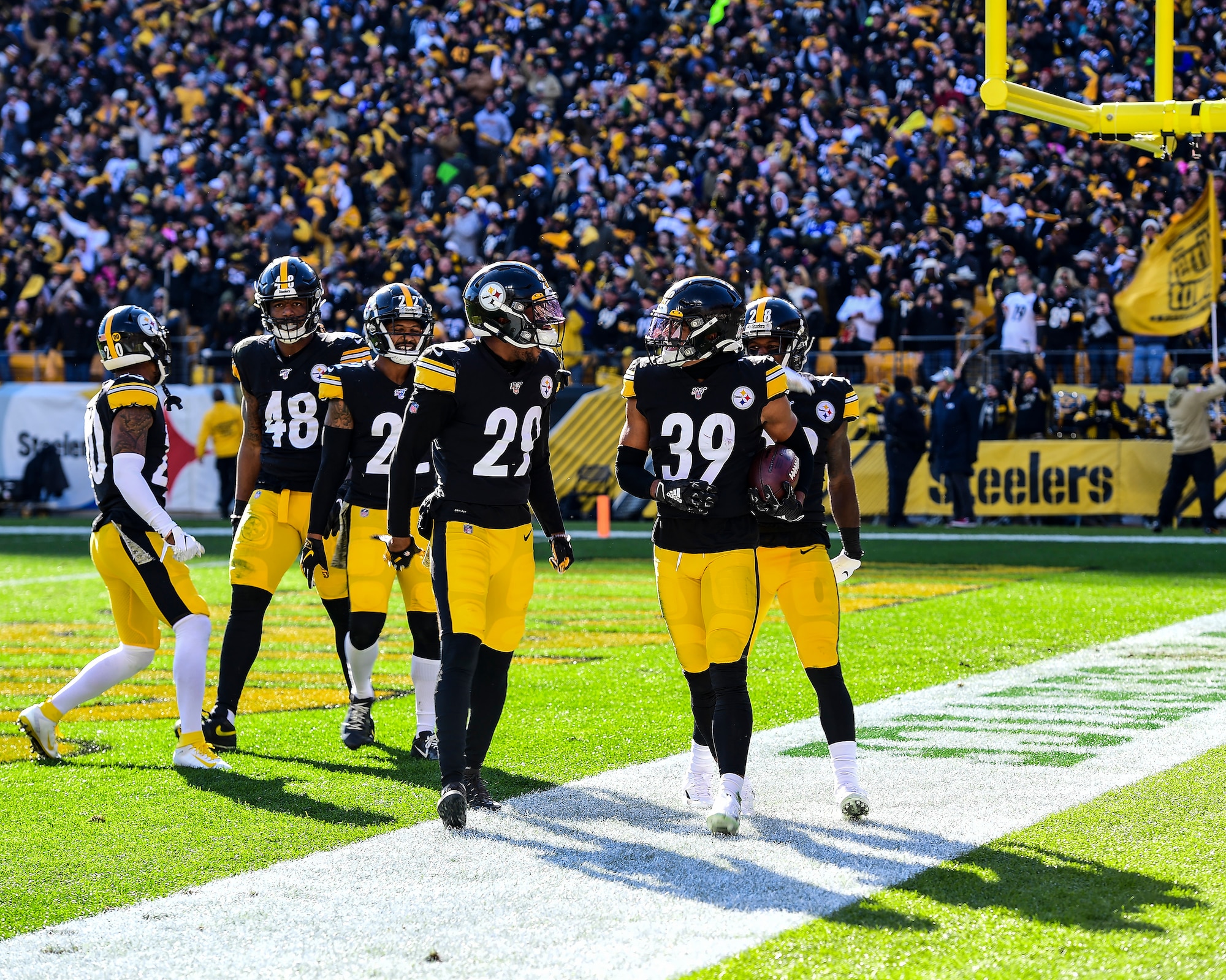 Pittsburgh Steelers safety Minkah Fitzpatrick celebrates with his teammates after returning an interception for a touchdown during a Pittsburgh Steelers vs. Indianapolis Colts game at Heinz Field in Pittsburgh, Pennsylvania, November 3, 2019.