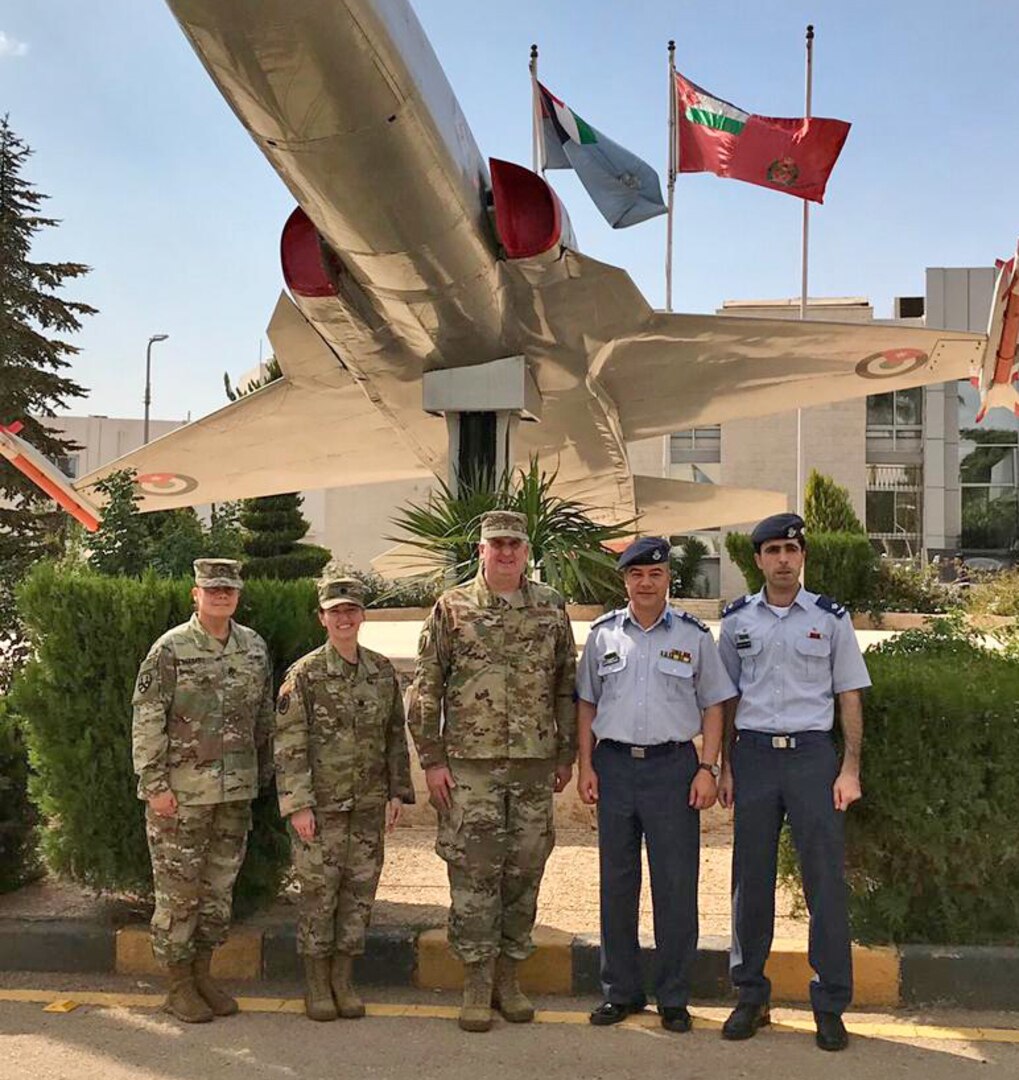 Defense Logistics Agency Energy Commander Air Force Brig. Gen. Albert Miller stands with Royal Jordanian Air Force’s Director of Supply Brig. Gen. Walid Barakat and Fuel Item Manager Maj. Mahammad Al-Jahmany