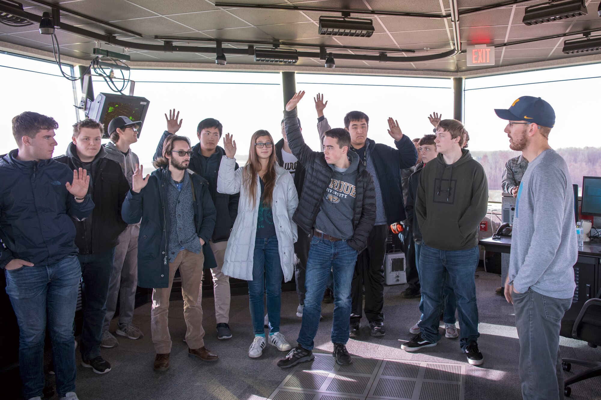 Brandon Rockman, 434th Operations Support Squadron air traffic control specialist, speaks to students from Purdue University, Indiana, about Grissom’s air traffic control during a tour Nov. 17, 2019. This year marked the fourth year the wing has hosted Purdue students in an effort to educate them on military careers in the aviation field. (U.S. Air Force photo/Master Sgt. Benjamin Mota)