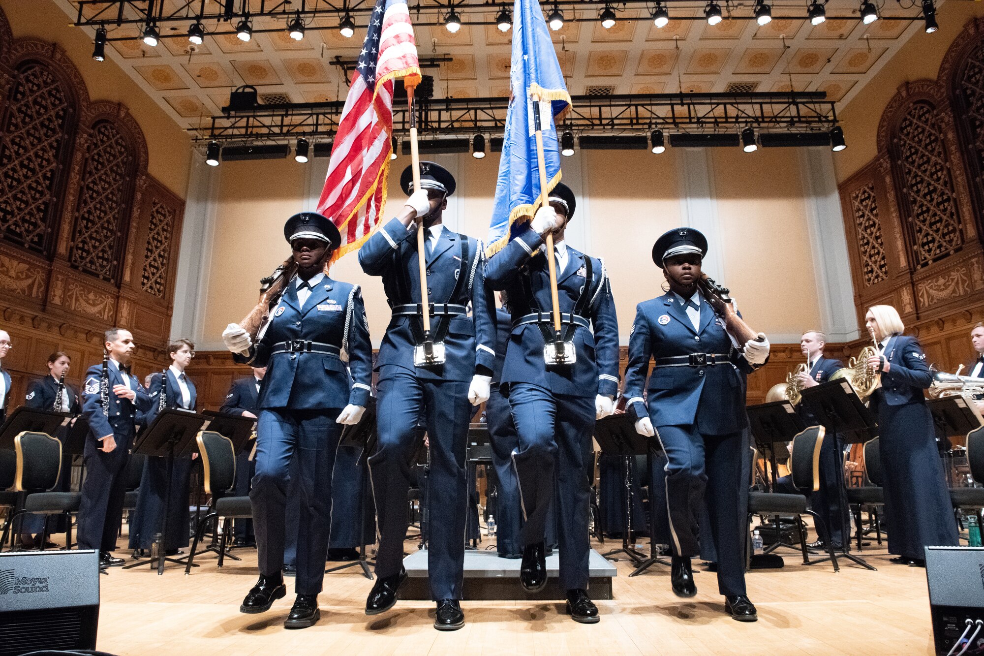 The 910th Airlift Wing base color guard presents the colors during a U.S. Air Force Heritage of America Band concert at Stambaugh Auditorium in Youngstown, Ohio, Nov. 18, 2019.