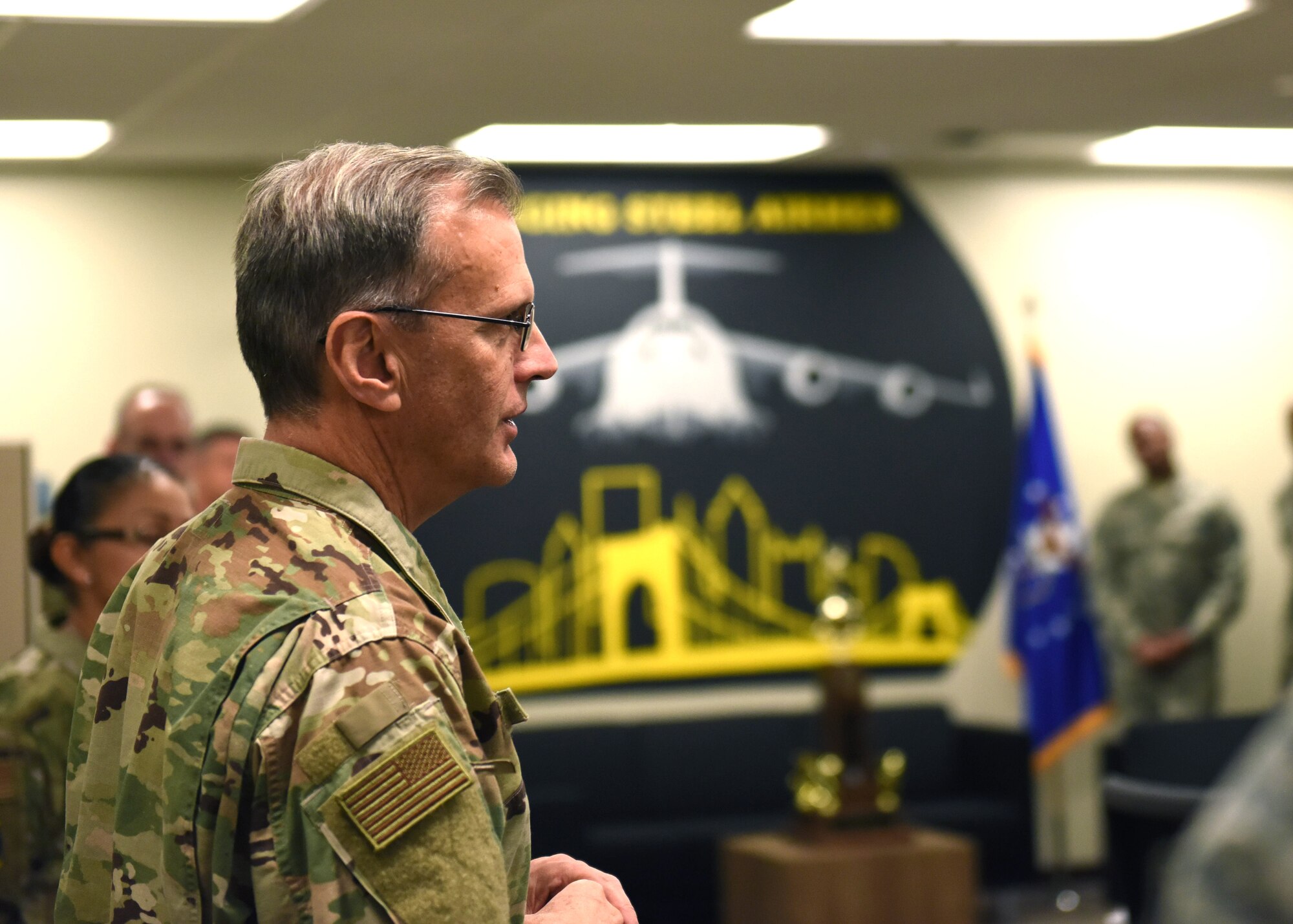 Maj. Gen. Randall A. Ogden, 4th Air Force commander, answers an Airman’s question at the Pittsburgh International Airport Air Reserve Station, Pennsylvania, Nov. 3, 2019.