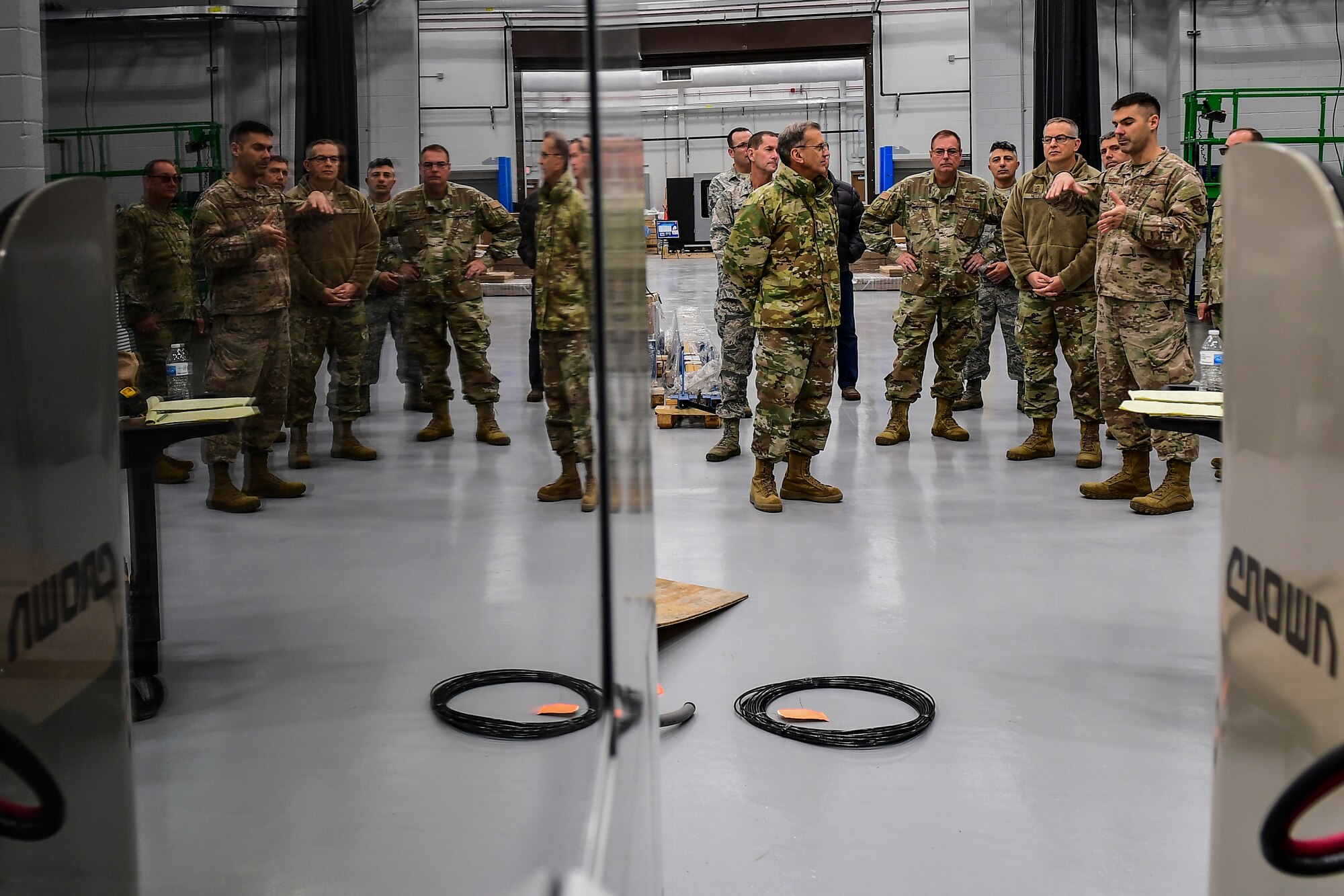 Senior Master Sgt. Justin Decroo, 911th Maintenance Squadron fabrication flight superintendent, explains his shop’s recent equipment upgrades to Maj. Gen. Randall A. Ogden, 4th Air Force com-mander, during the general’s visit of Pittsburgh International Airport Air Reserve Station, Pennsyl-vania, Nov. 4, 2019.