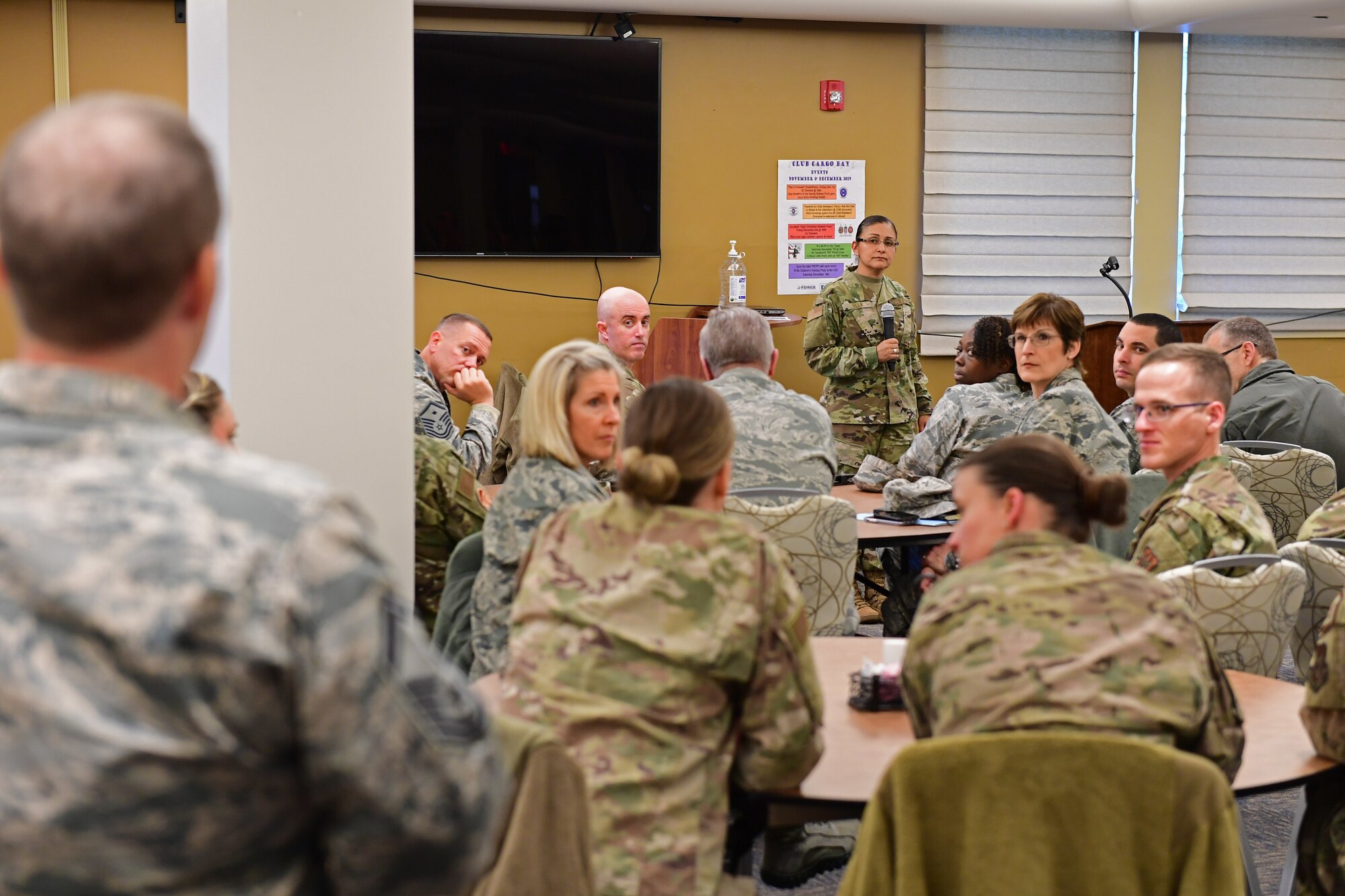 hief Master Sgt. Cynthia Villa, 4th Air Force command chief, and Airmen of the 911th Airlift Wing listen to a question posed by 911th Airlift Wing Inspector General Inspections Superintendent Senior Master Sgt. Daniel Healy at the Pittsburgh International Airport Air Reserve Station, Pennsylvania, Nov. 1, 2019.