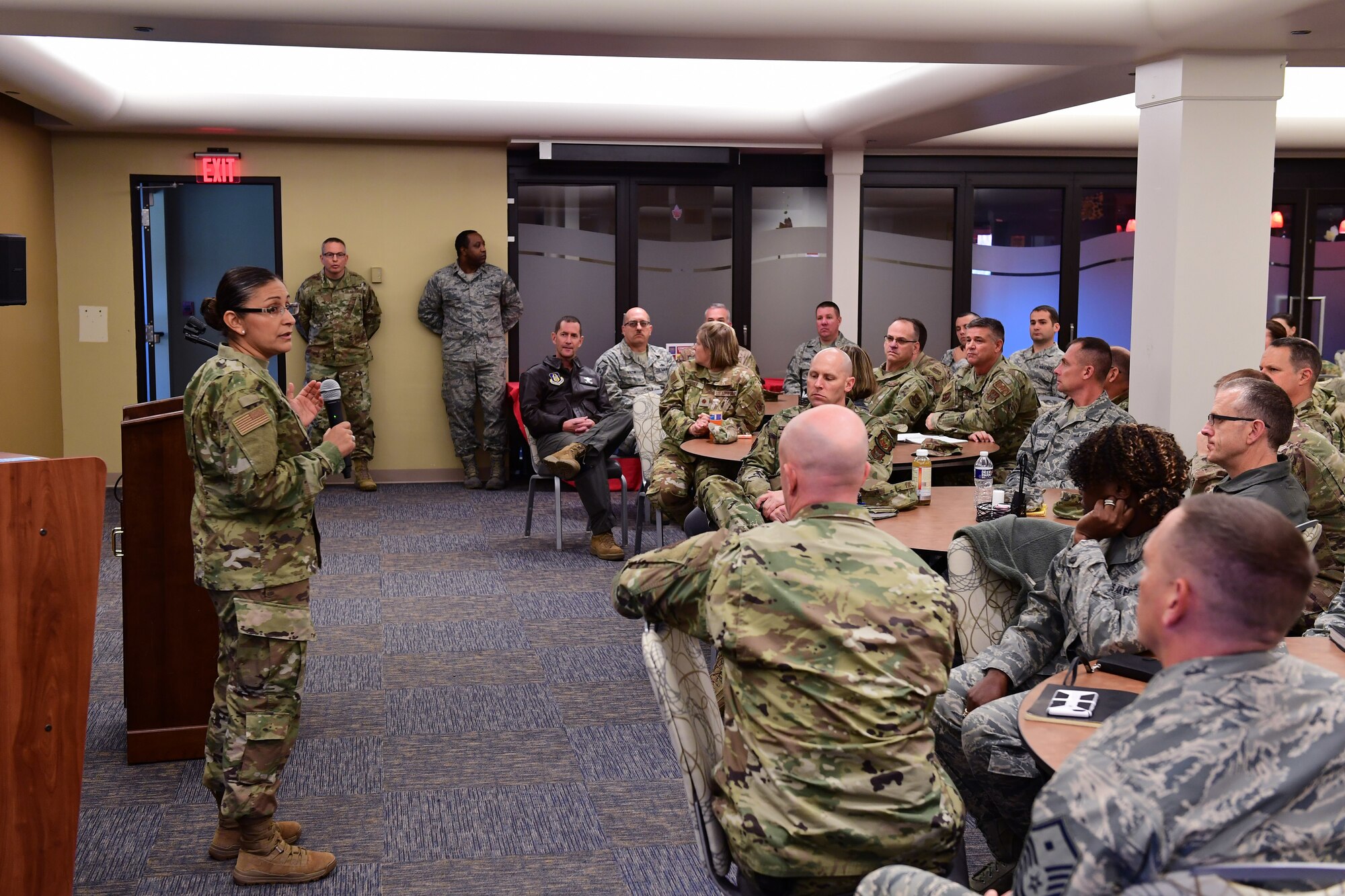 Chief Master Sgt. Cynthia Villa, 4th Air Force command chief, addresses Airmen of the 911th Airlift Wing during an all call at the Pittsburgh International Airport Air Reserve Station, Pennsylvania, Nov. 1, 2019.