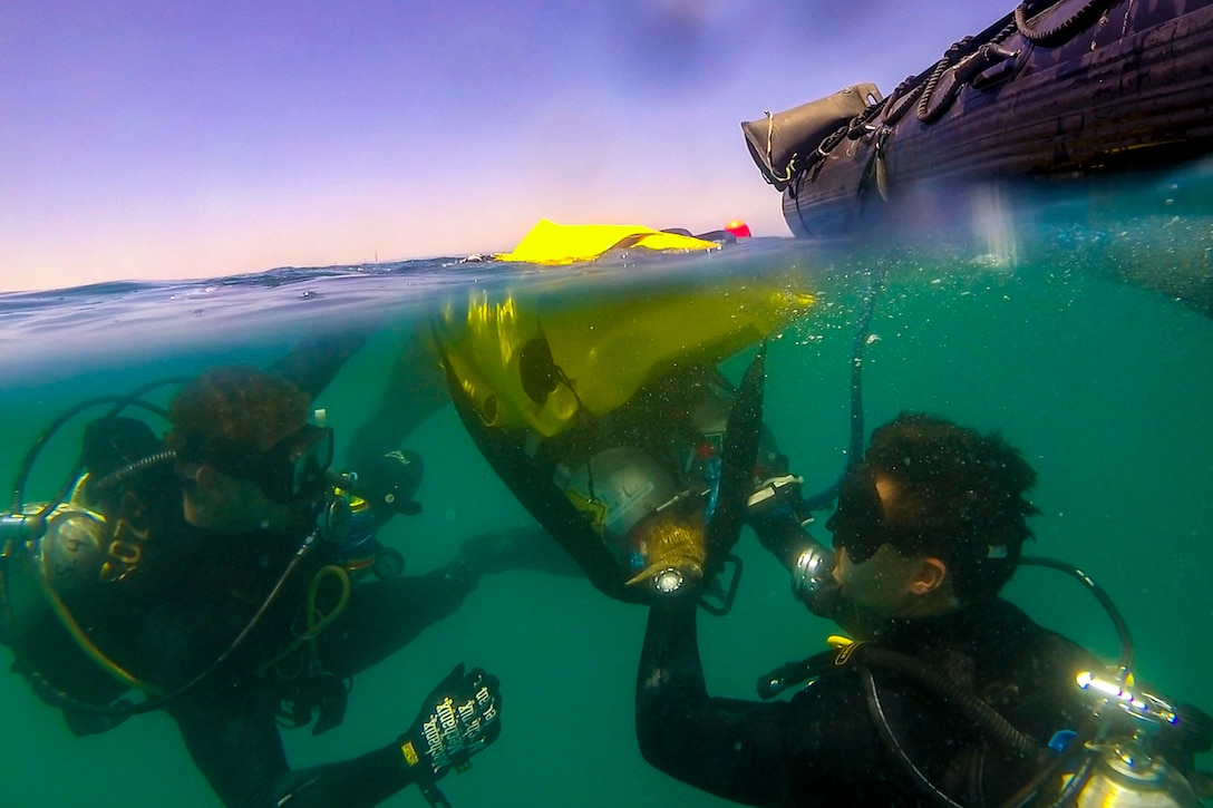 Two sailors dive underwater wearing dive gear.