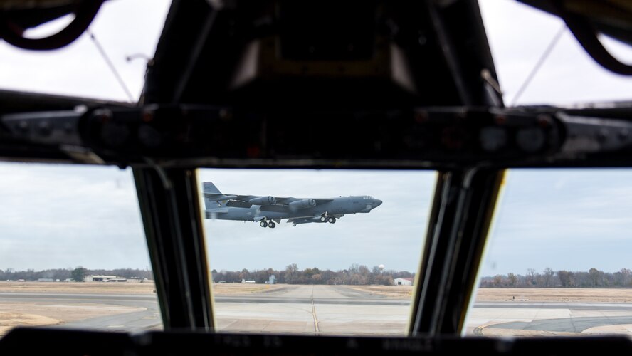 A B-52H Stratofortress takes off from Barksdale Air Force Base, La., Nov. 21, 2019. The exercise simulated a scenario where B-52s were launched from multiple locations to strike the same target areas.