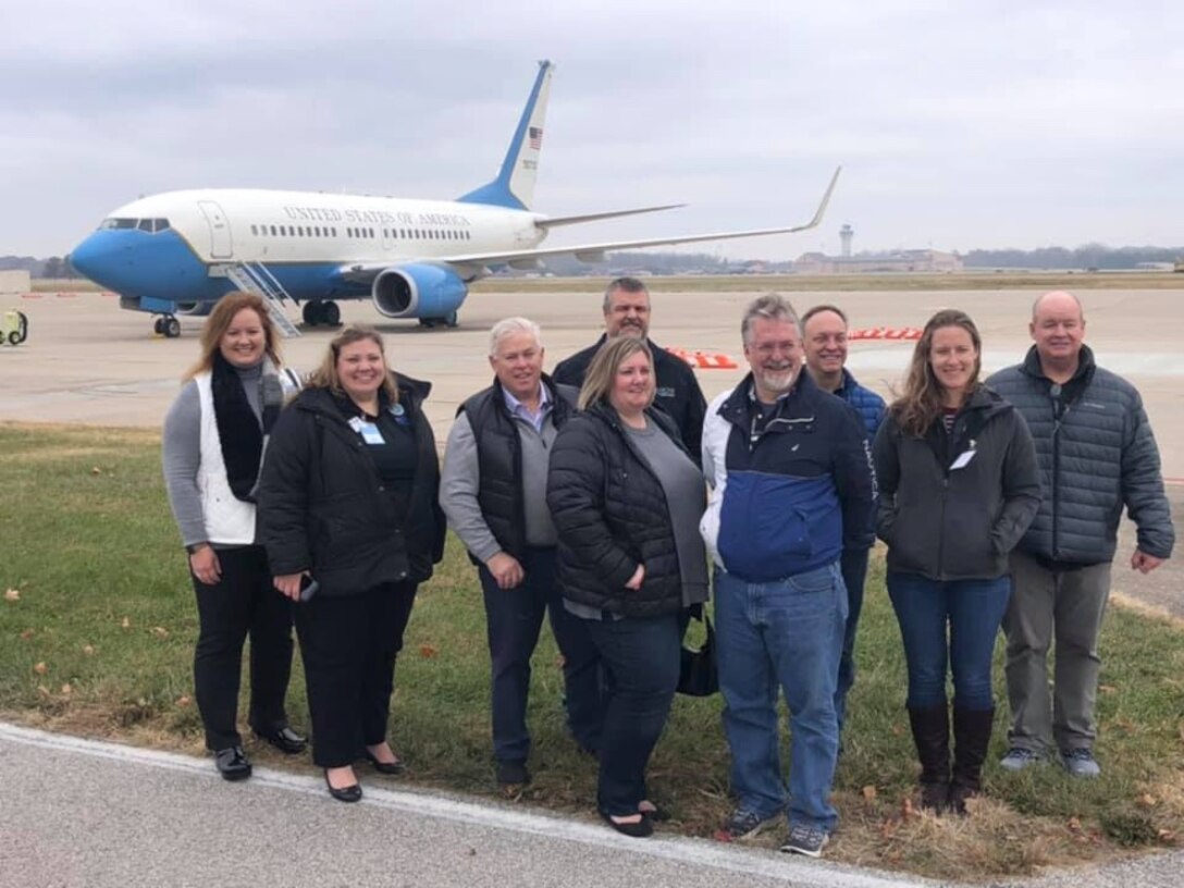 The 932nd Airlift Wing welcomed civilian employers of Air Force Reservists at Scott Air Force Base during Boss Day 2019. The day long event is an annual special project worked out over several months, culminating in an eight hour visit that was highly-praised by the bosses from various companies who employee members of the guard and reserve. On hand to brief them was the wing commander, the command chief, safety, legal and a representative from the Employer Support of the Guard and Reserve.  Here the bosses stand before a C-40C distinguished visitor plane operated by the 932nd Operations Group.  (U.S. Air Force by Lt. Col. Stan Paregien)