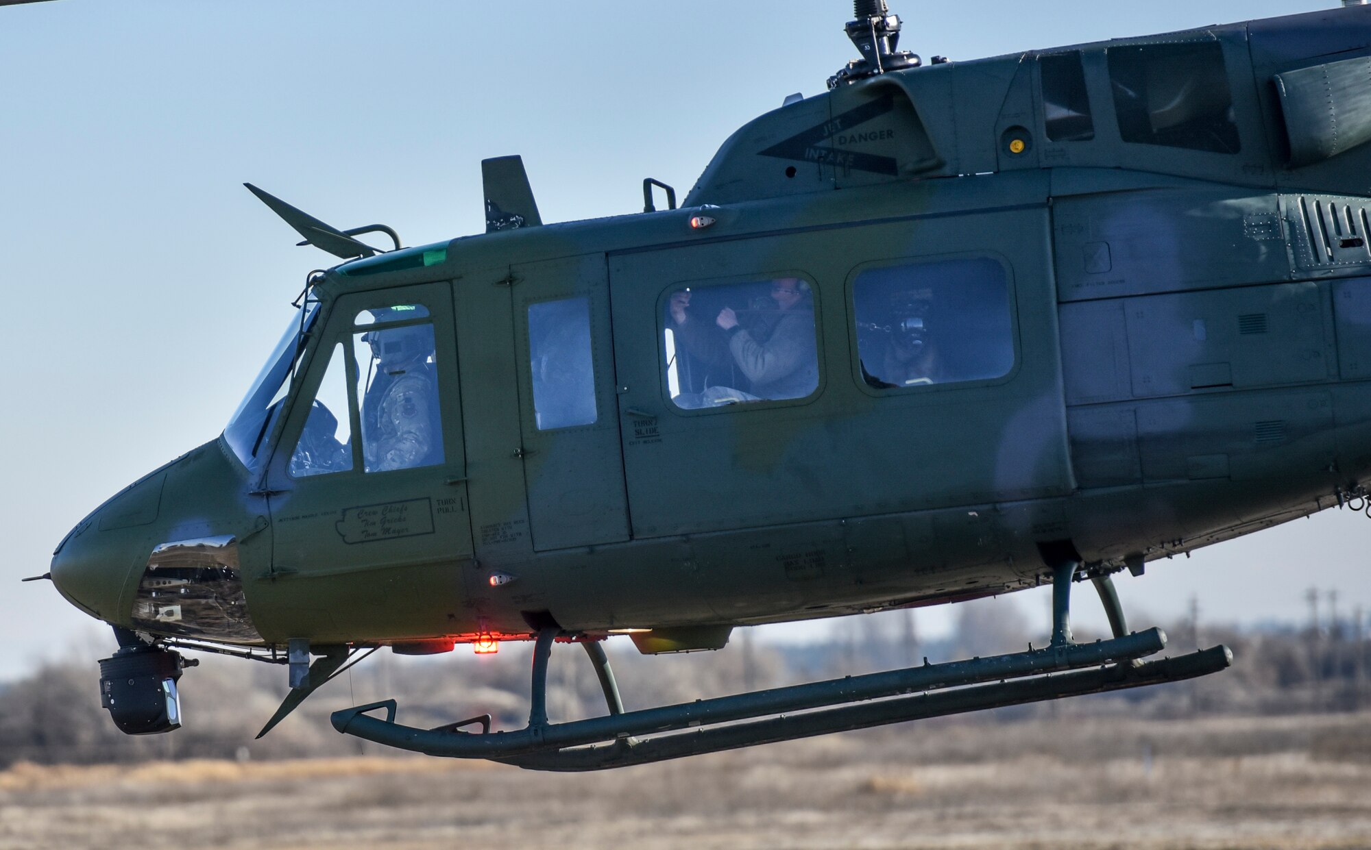 A 36th Rescue Squadron UH-1N Huey takes off during Military Working Dog training Nov. 21, 2019, at Fairchild Air Force Base, Washington.