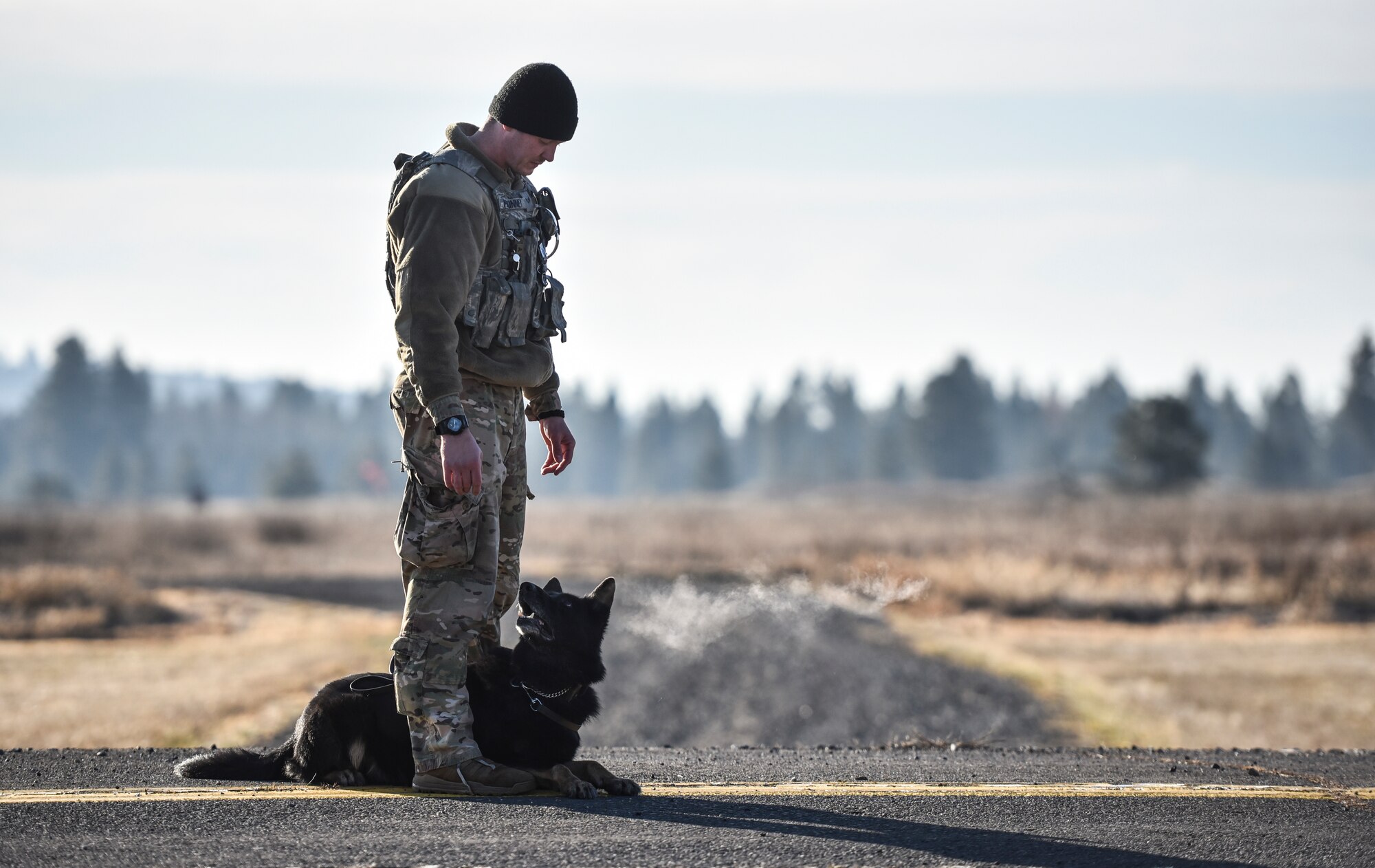 U.S. Air Force Senior Airman Ian McKinney, 92nd Security Forces Squadron Military Working Dog handler, and his dog Rosso prepare for UH-1N Huey training Nov. 21, 2019, at Fairchild Air Force Base, Washington.