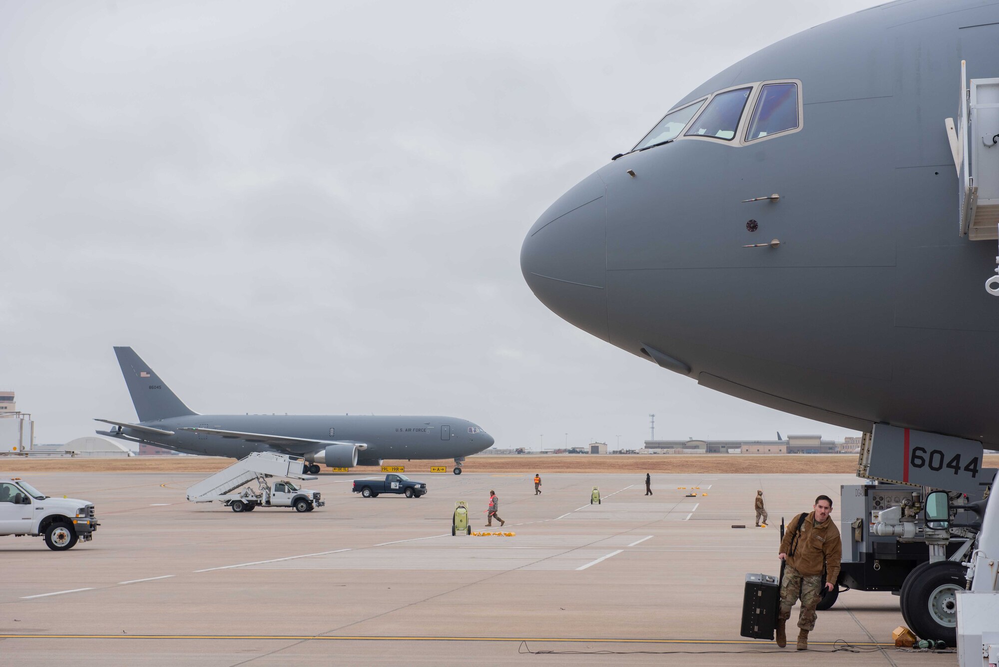 McConnell’s 19th KC-46 Pegasus taxis upon delivery, which arrived with two other aircraft Nov. 22, 2019, at McConnell Air Force Base, Kan. McConnell has 19 KC-46s, the Air Force’s newest aircraft, which is the future of aerial refueling. (U.S. Air Force photo by Staff Sgt. Chris Thornbury)
