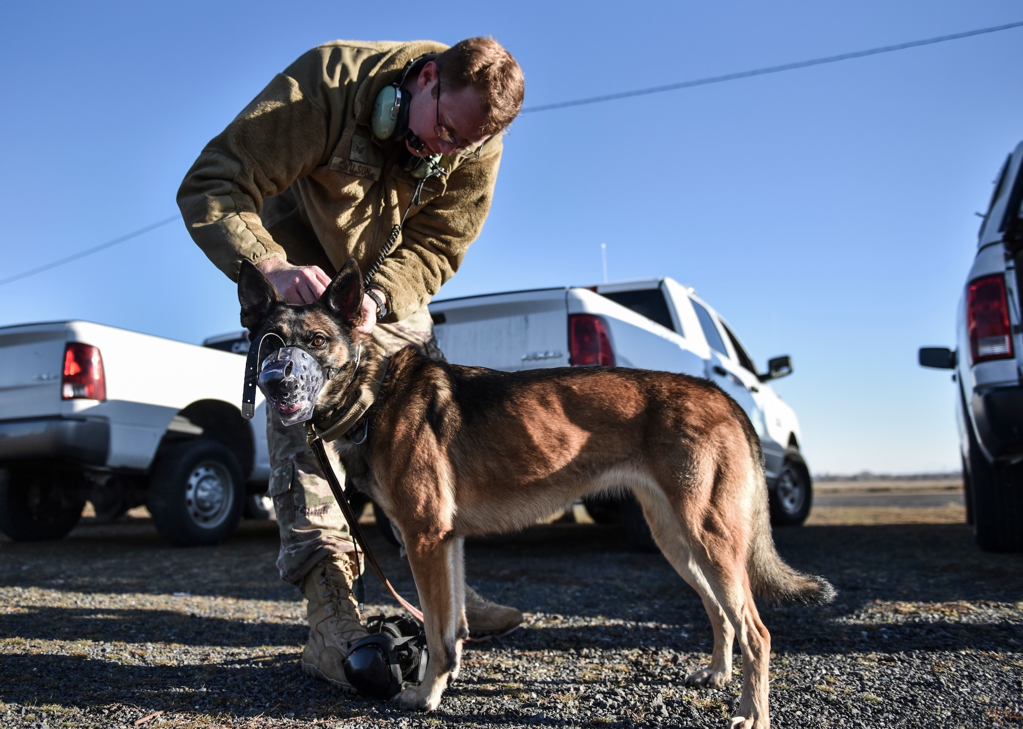U.S. Air Force Staff Sgt. Ian McKinney, 92nd Security Forces Squadron Military Working Dog handler, prepares his dog Fanni for UH-1N Huey training Nov. 21, 2019, at Fairchild Air Force Base, Washington.