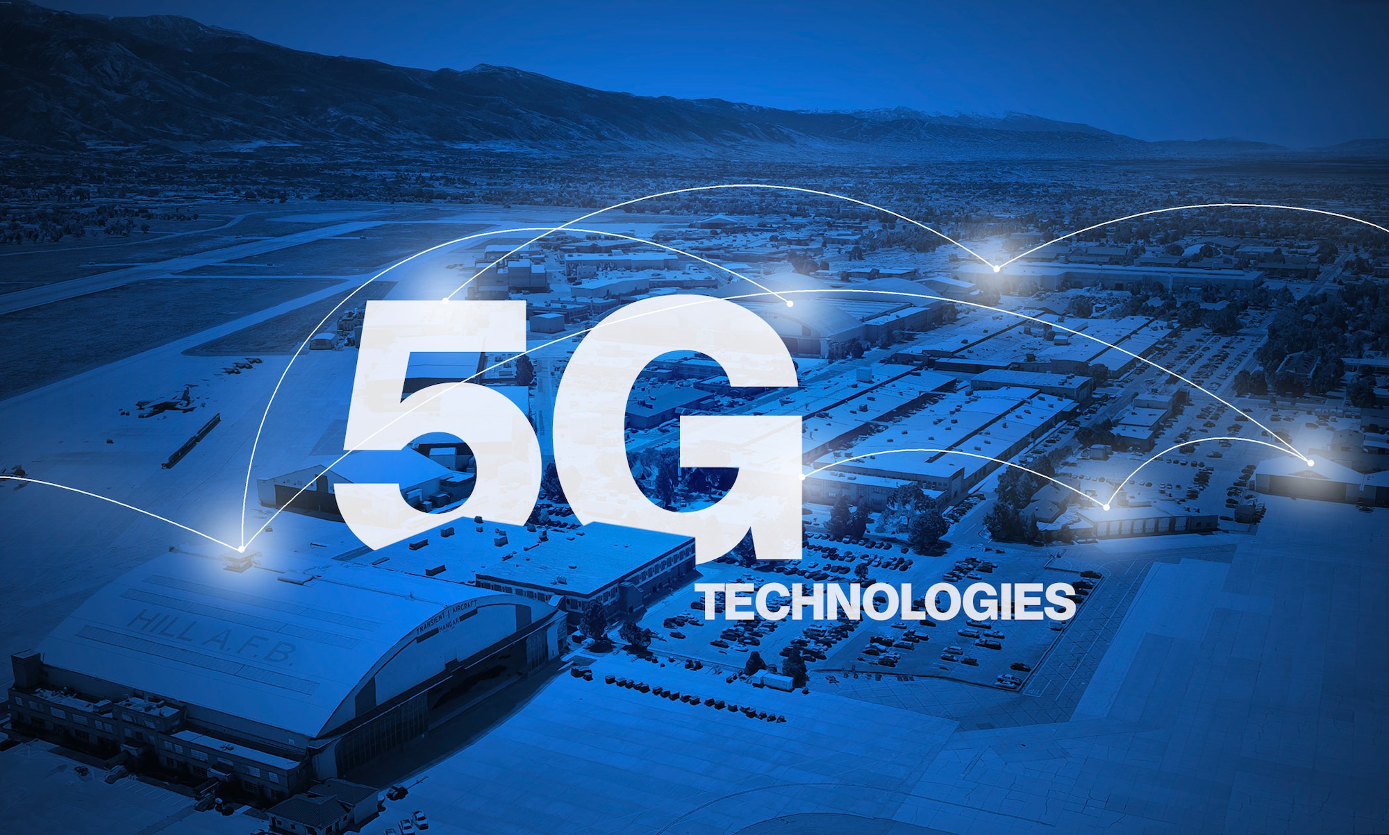 A graphic depicting the words 5G technologies over the top of an blue, shaded aerial photo of Hill Air Force Base, Utah. (U.S. Air Force graphic by David Perry)