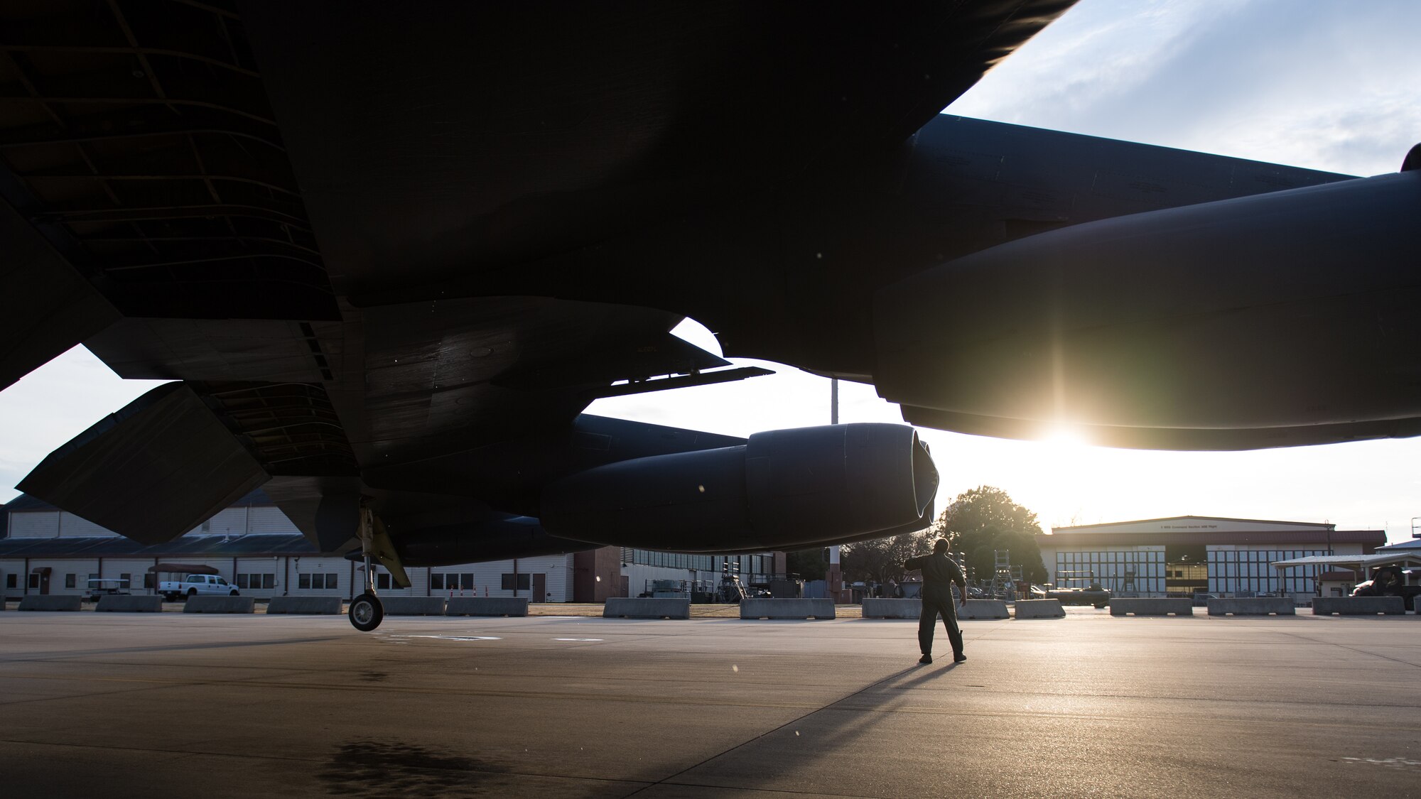 Capt. Tim “Vice” Nichols, 20th Bomb Squadron instructor pilot, inspects a B-52H Stratofortress after a flight at Barksdale Air Force Base, La., Nov. 21, 2019.