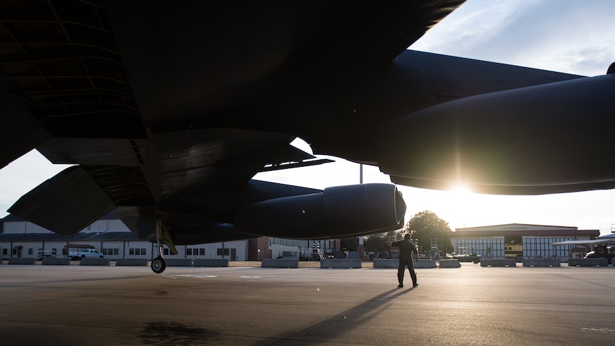 Capt. Tim “Vice” Nichols, 20th Bomb Squadron instructor pilot, inspects a B-52H Stratofortress after a flight at Barksdale Air Force Base, La., Nov. 21, 2019.