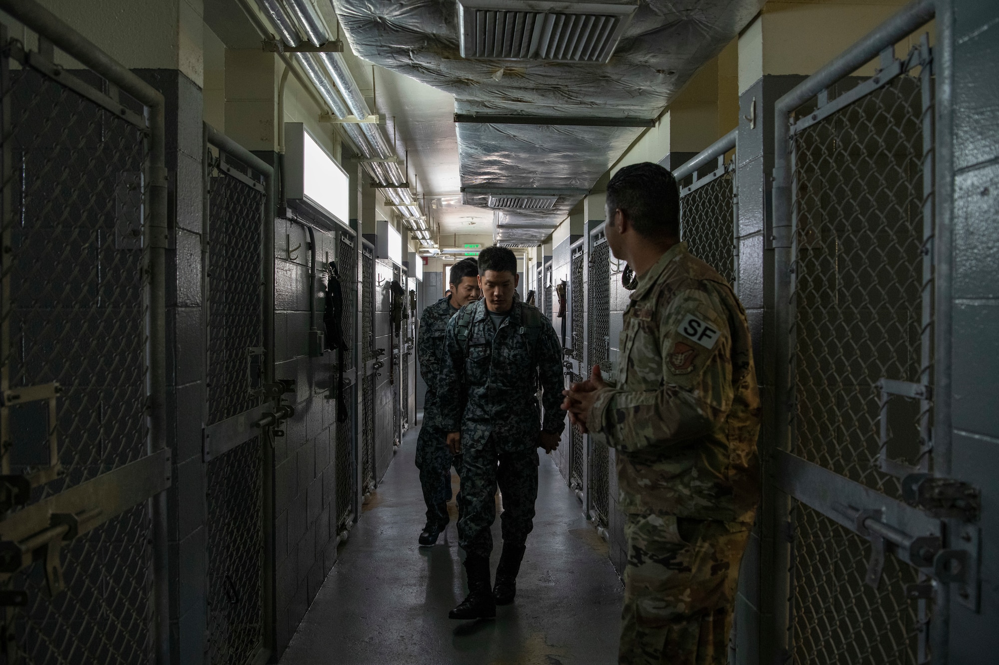 U.S. Air Force Tech. Sgt. Mario Rey, 18th Security Forces Squadron military working dog handler, right, guides U.S. Air Force, U.S. Army, and Japanese Self-Defense Force members participating in an NCO Bilateral Exchange program through the 18th SFS kennels Nov. 18, 2019, at Kadena Air Base, Japan. Bilateral exchanges allow for a better understanding of the capabilities held by each countries Armed Forces, as well as the opportunity to improve relations between the United States and Japan. (U.S. Air Force photo by Senior Airman Rhett Isbell)