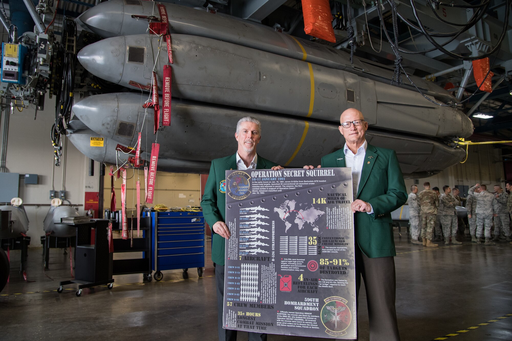 Retired Cols. Trey Morriss (left) and Warren Ward (right), members of Operation Secret Squirrel, stand in front of the final Conventional Air-Launched Cruise Missile (CALCM) package at Barksdale Air Force Base, La., Nov. 20, 2019. Operation Secret Squirrel was the first time CALCM missiles were used in combat. (U.S. Air Force photo by Airman 1st Class Jacob B. Wrightsman)