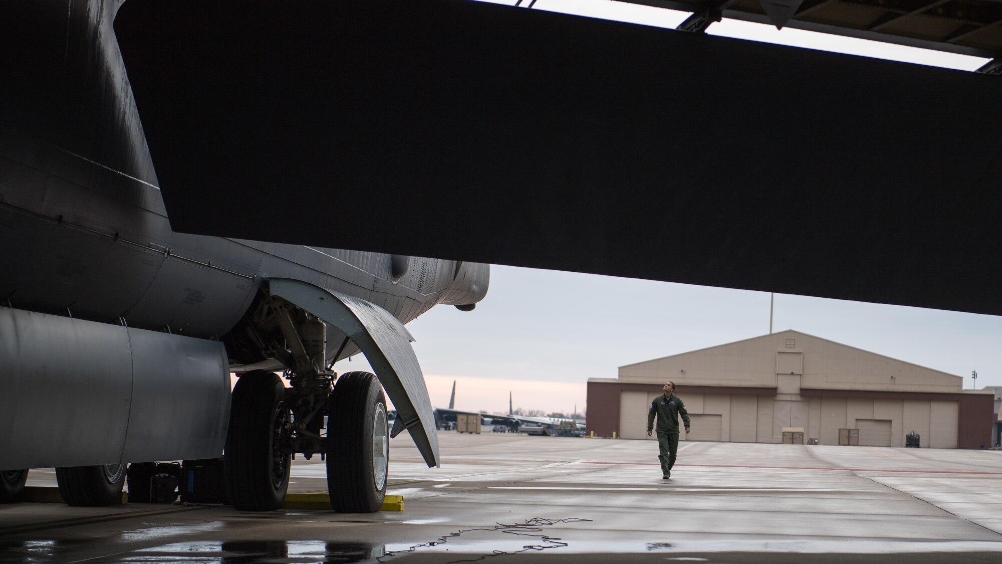 Capt. Shawn O’Donnell, 20th Bomb Squadron pilot, inspects a B-52H Stratofortress while preparing for take off at Barksdale Air Force Base, La., Nov. 21, 2019.