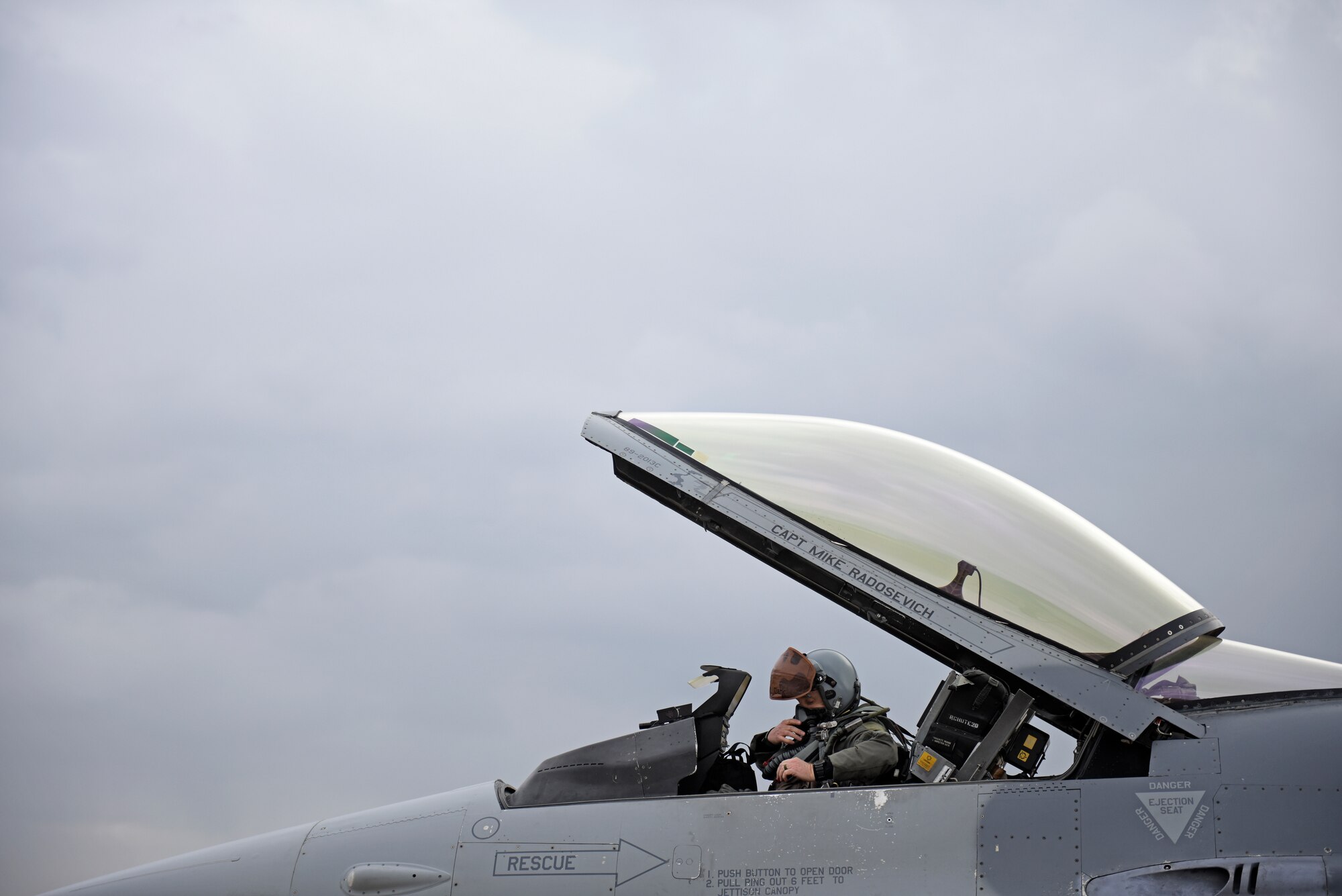 U.S. Air Force Col. Tad Clark, 8th Fighter Wing commander, prepares for take-off at Kunsan Air Base, Republic of Korea, Nov. 19, 2019. The 8th Fighter Wing and the 38th FG provide security, stability and prosperity on the Korean Peninsula and the Indo-Pacific region. (U.S. Air Force photo by Staff Sgt. Mackenzie Mendez)