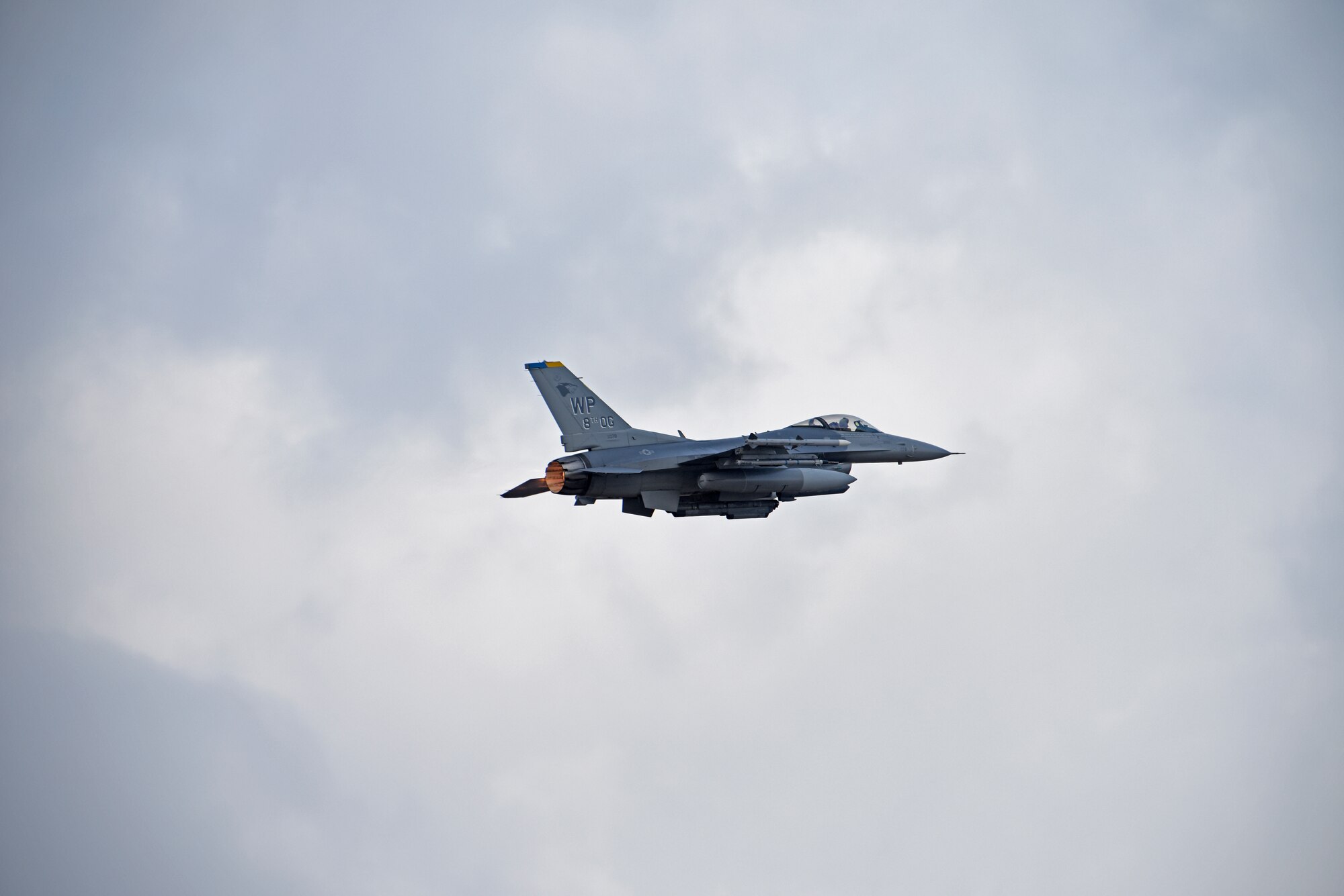 A U.S. Air Force F-16 Fighting Falcon assigned to the 8th Operations Group takes off for routine flying at Kunsan Air Base, Republic of Korea, Nov. 19, 2019. The 8th OG equips and trains the 35th Fighter Squadron “Pantons” and 80th FS “Juvats” to conduct air-to-ground and air-to-air missions. (U.S. Air Force photo by Staff Sgt. Mackenzie Mendez)