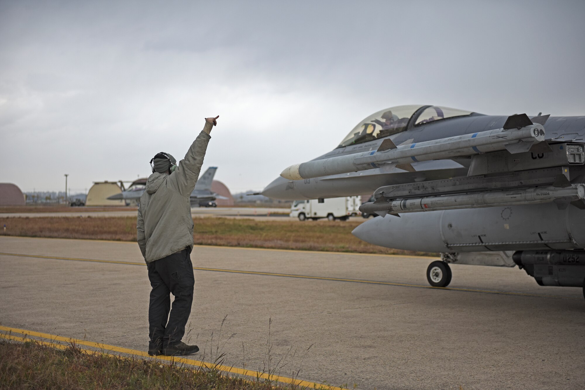 A U.S. Air Force maintainer assigned to the 35th Aircraft Maintenance Unit conducts a pre-flight inspection at Kunsan Air Base, Republic of Korea, Nov. 19, 2019. The 8th Maintenance Group is responsible for daily flying and maintenance operations, intermediate level aircraft maintenance, component repair and maintenance training for the wing's assigned aircraft. (U.S. Air Force photo by Staff Sgt. Mackenzie Mendez)
