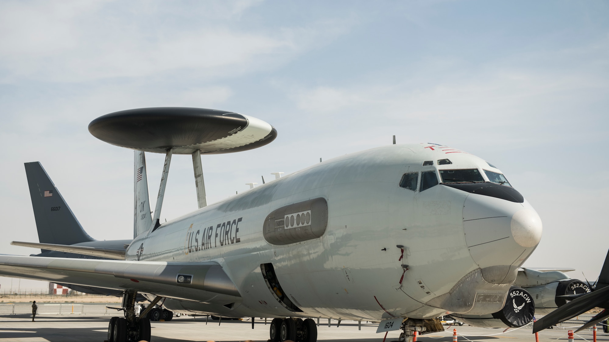 An E-3 Sentry Airborne Warning and Control System assigned to the 968th Expeditionary Airborne Air Control Squadron rests on the flightline at the Dubai Airshow, United Arab Emirates, Nov. 17, 2019.