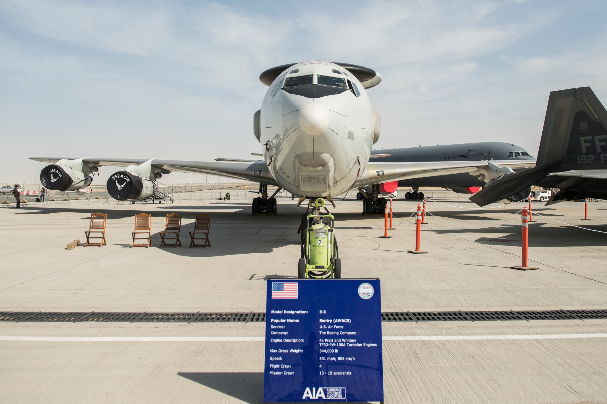 An E-3 Sentry Airborne Warning and Control System assigned to the 968th Expeditionary Airborne Air Control Squadron rests on the flightline at the Dubai Airshow, United Arab Emirates, Nov. 17, 2019.