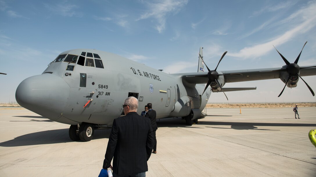 A C-130J Super Hercules assigned to the 774th Expeditionary Airlift Squadron rests on the flightline at the Dubai Airshow, United Arab Emirates, Nov. 17, 2019.