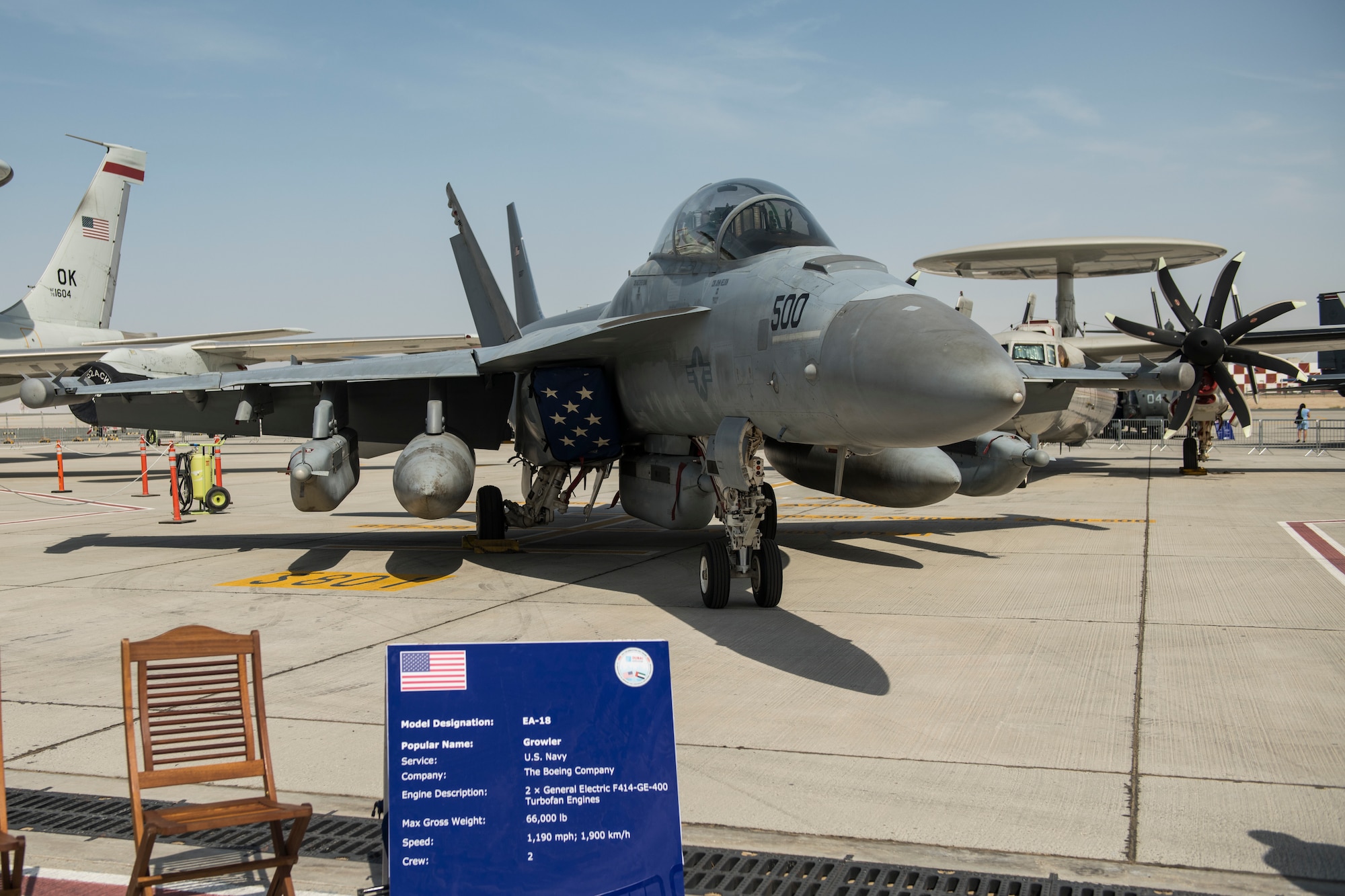 A U.S. Navy EA-18G Growler rests on the flightline at the Dubai Airshow, United Arab Emirates, Nov. 17, 2019.