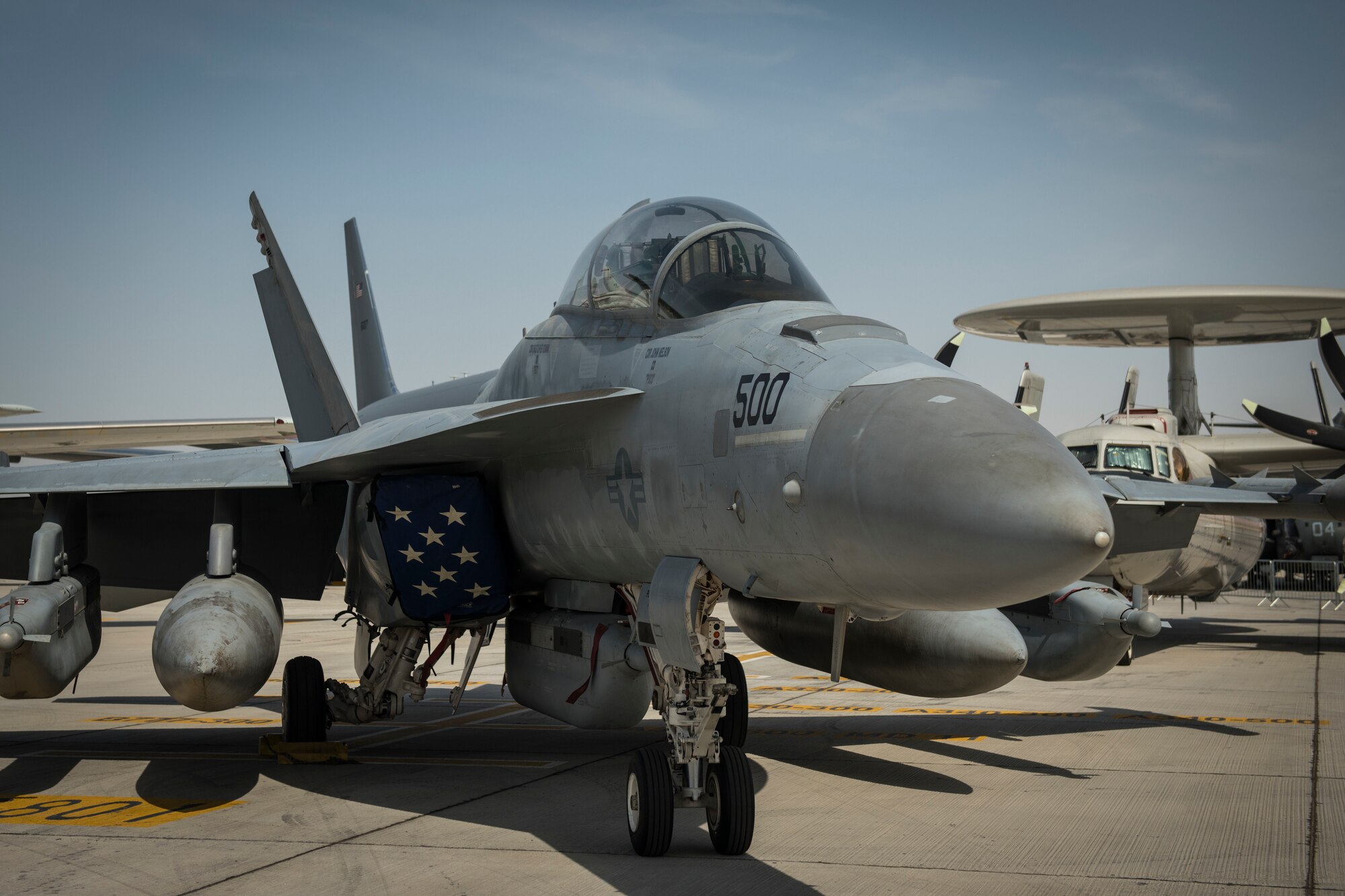 A U.S. Navy EA-18G Growler rests on the flightline at the Dubai Airshow, United Arab Emirates, Nov. 17, 2019.