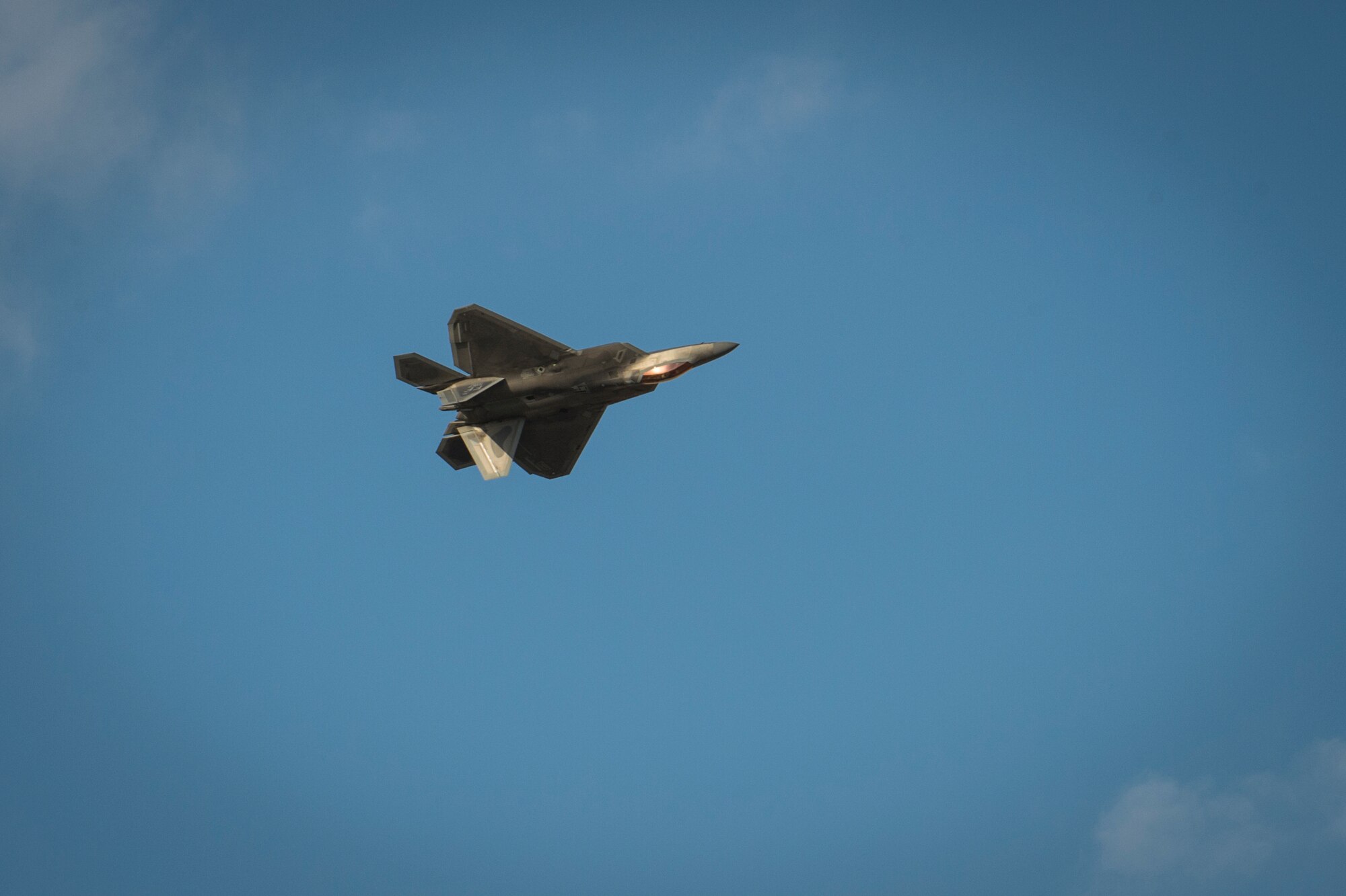 A U.S. Air Force F-22 Raptor performs an aerial demonstration at the Dubai Airshow, Nov. 17, 2019.