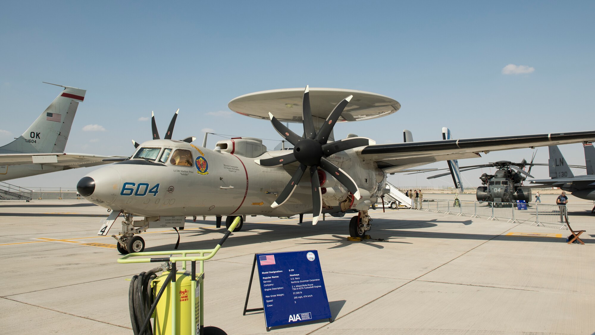 A U.S. Navy E-2D Hawkeye rests on the flightline at the Dubai Airshow, United Arab Emirates, Nov. 18, 2019.
