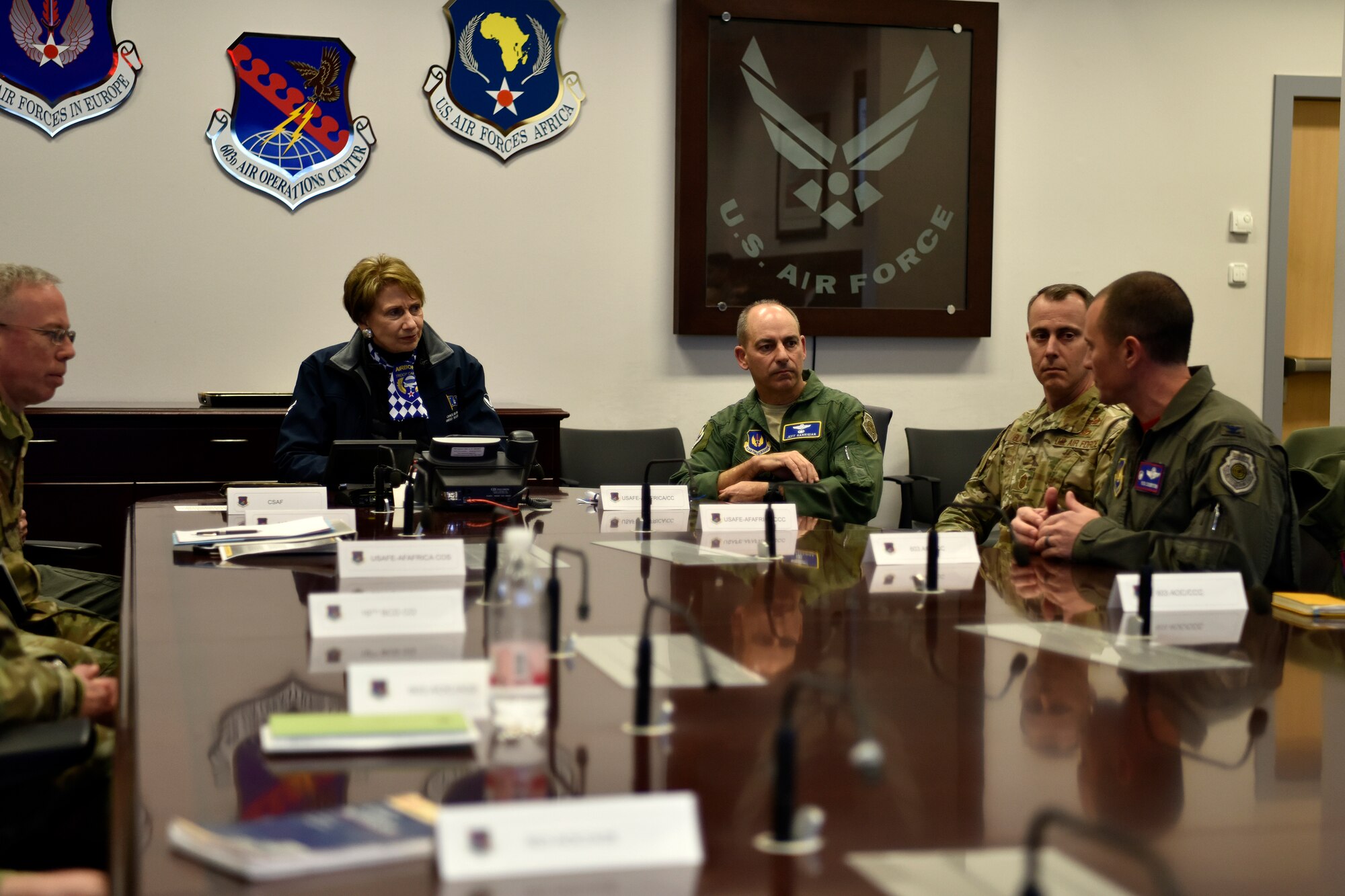 U.S. Air Force Col. Cary Culbertson, 603rd Air and Space Operations Center commander, right, briefs Secretary of the Air Force Barbara M. Barrett, during an AOC mission briefing at Ramstein Air Base, Germany, Nov. 22, 2019.