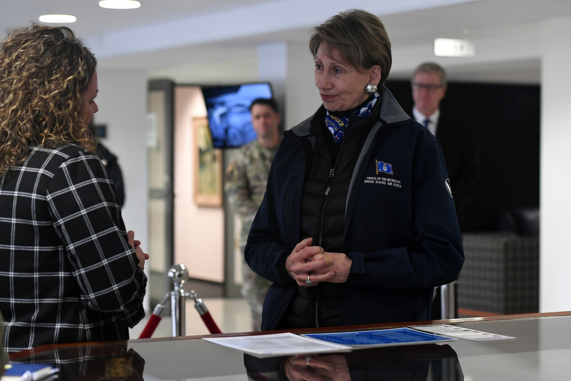 Ms. Krystal Shiver, U.S. Air Forces in Europe and Air Forces Africa chief of integrated resiliency division, briefs Secretary of the Air Force Barbara M. Barrett about Operation GRIT during a visit to headquarters USAFE-AFAFRICA, Ramstein Air Base, Germany, Nov. 22, 2019.