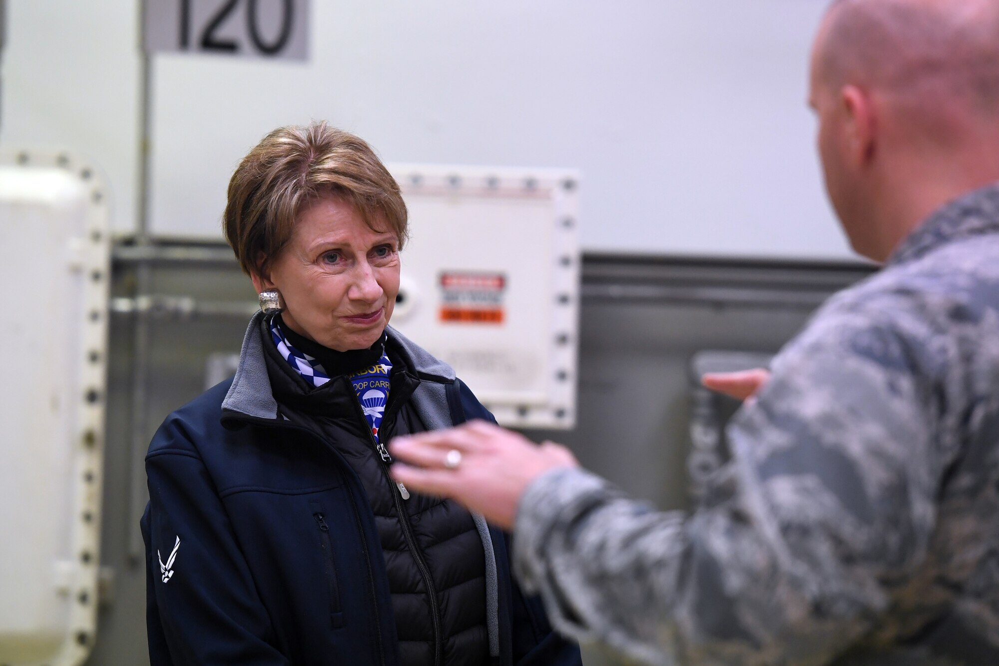 Secretary of the Air Force Barbara M. Barrett receives an overview of the nuclear university training facility from Lt. Col. Eric Golden, U.S. Air Forces in Europe and Air Forces Africa deputy chief of nuclear operations, during a base visit at Ramstein Air Base, Germany, Nov. 22, 2019.