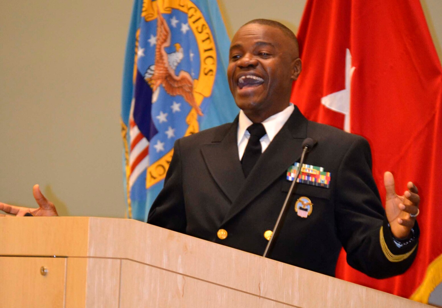 Navy Lt. Cmdr. Prince Tailey, Customer Electronic Catalogue/Medical Surgical Operations Center branch chief in DLA Troop Support’s Medical supply chain, thanks his friends, family and coworkers during a promotion ceremony in his honor November 22, 2019, in Philadelphia.