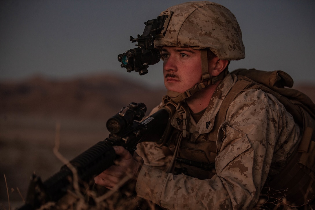 U.S. Marine Corps Cpl. Stephen Gibbons with Combat Logistics Battalion 8, Combat Logistics Regiment 2, 2nd Marine Logistics Group, provides security for an observation team during Integrated Training Exercise 1-20 at Marine Air Ground Combat Center Twentynine Palms, California, Oct. 28, 2019. CLB-8 integrated with 3rd Marine Regiment during ITX as the logistics combat element to provided tactical logistics in the areas of medium and heavy-lift motor transportation beyond the regiment’s organic capabilities.