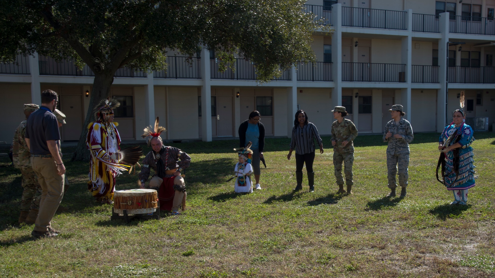 U.S. Air Force Airmen with Team MacDill participate in a traditional Cherokee dance during a Native American Heritage Month Celebration, Nov. 21, 2019, at MacDill Air Force Base, Fla. National Native American Heritage Month is held every November to recognize the contributions of American Indians to the development and growth of the U.S.