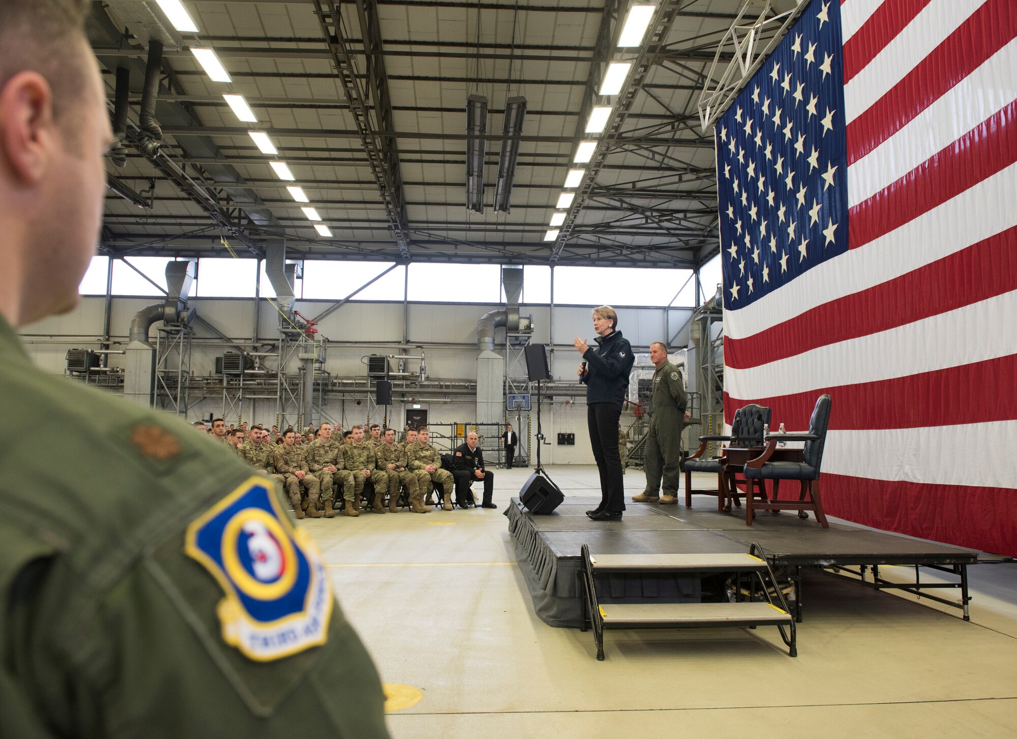 Secretary of the Air Force Barbara Barrett addresses Airmen during a town hall on Ramstein Air Base, Germany, Nov. 22, 2019.