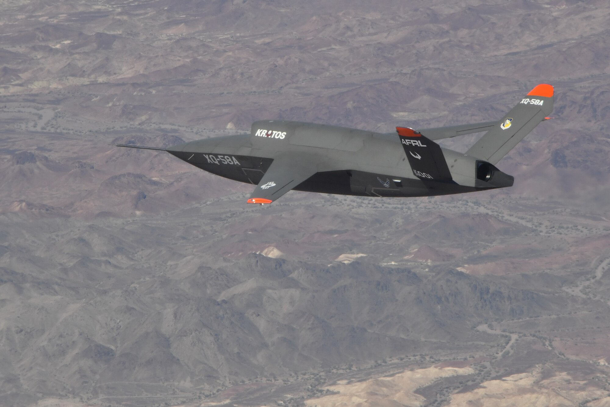 The XQ-58A Valkyrie is pictured during its second test flight June 11, 2019. Kratos Defense & Security Solutions, Inc., and the Air Force Research Laboratory received a 2020 Aviation Week Network Laureate Award for this low-cost, rapidly-procured attritable concept vehicle. (U.S. Air Force photo/1st Lt. Randolph Abaya)