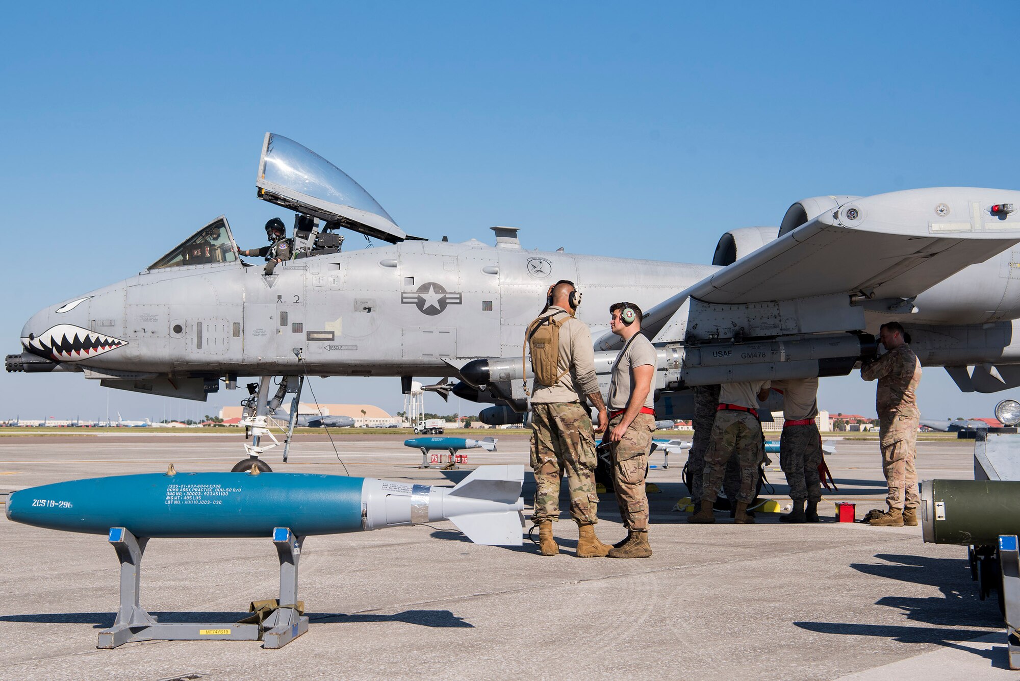 Airmen assigned to the 23rd Aircraft Maintenance Squadron, Moody Air Force Base, Ga., re-configure weapons on an A-10 Thunderbolt II assigned to the 74th Fighter Squadron Moody AFB for Exercise Mobil Tiger Nov. 19, 2019 on MacDill Air Force Base, Fla.